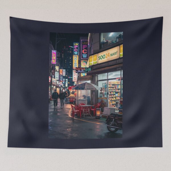 Item preview, Vibrant Korean Night City Street with Neon Convenience Store designed and sold by SOOstudio73.