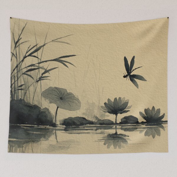 Item preview, Monochrome Lotus Pond with Dragonfly designed and sold by Sasas Design.