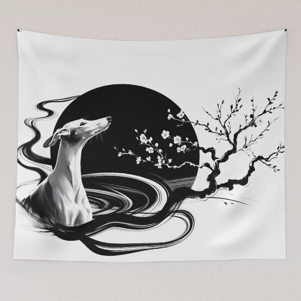 Item preview, GALAGO - Ukiyo-e Suibokuga Greyhounds - Moon of Silence designed and sold by GALOGO – Art for Sighthounds & Animal Welfare.