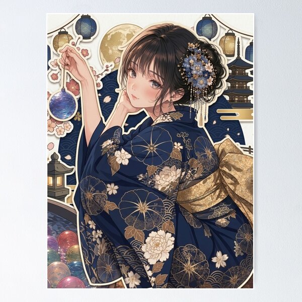 Item preview, Blue Yukata Lady - kawaii version designed and sold by Japanese Vibes.