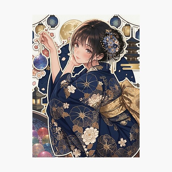 Item preview, Blue Yukata Lady - kawaii version designed and sold by Japanese Vibes.