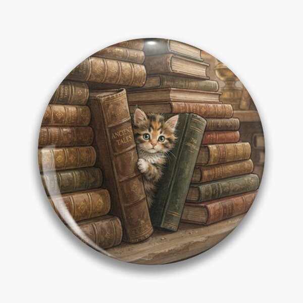 Item preview, Tiny Kitten Peeking from a Giant Stack of Vintage Books Miniature Illustration designed and sold by DuckOddity.