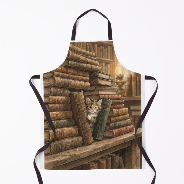 Item preview, Tiny Kitten Peeking from a Giant Stack of Vintage Books Miniature Illustration designed and sold by DuckOddity.