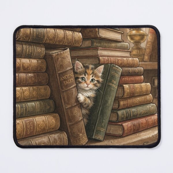 Item preview, Tiny Kitten Peeking from a Giant Stack of Vintage Books Miniature Illustration designed and sold by DuckOddity.