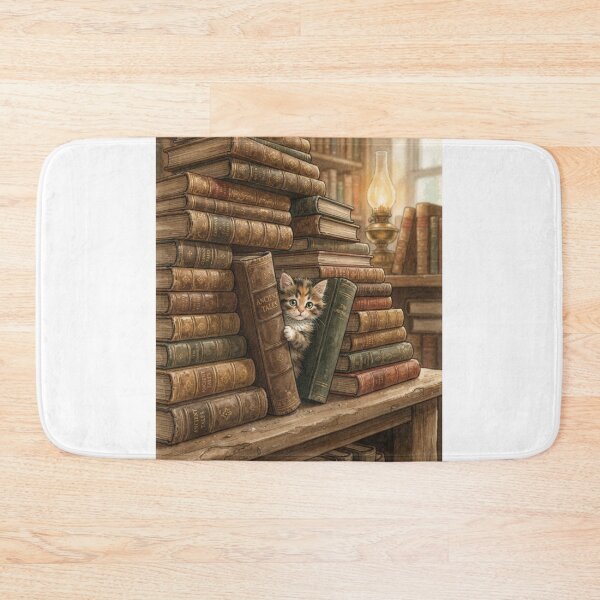 Item preview, Tiny Kitten Peeking from a Giant Stack of Vintage Books Miniature Illustration designed and sold by DuckOddity.