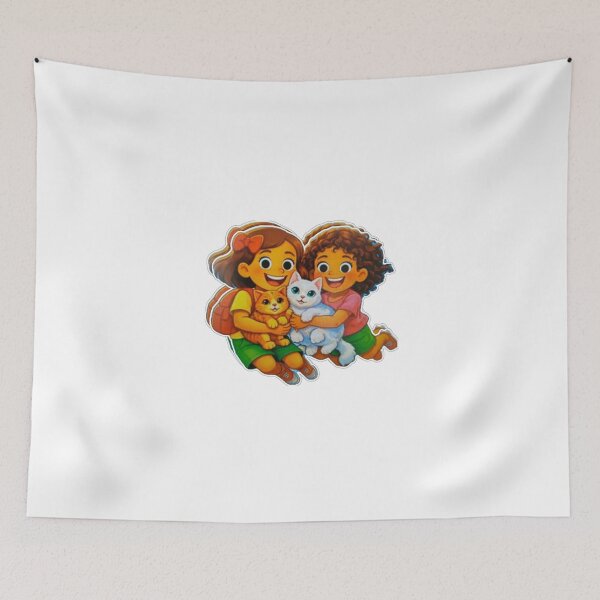 Item preview, Mia adventures two little girl with their cats smiling  designed and sold by wallartofmio.