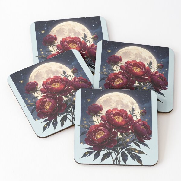 Item preview, Crimson Peonies Under the Full Moon at Night designed and sold by MaryFiremoonArt.
