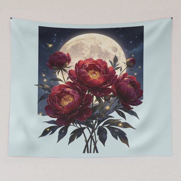Item preview, Crimson Peonies Under the Full Moon at Night designed and sold by MaryFiremoonArt.