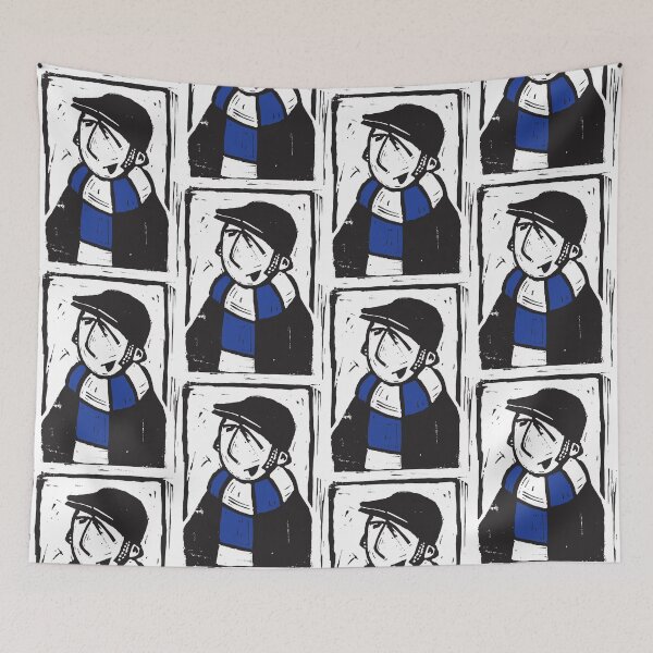 Item preview, Classic Football Fan Illustration | Retro Terrace Supporter | Blue & White Scarf - Lino designed and sold by GWARTGB.