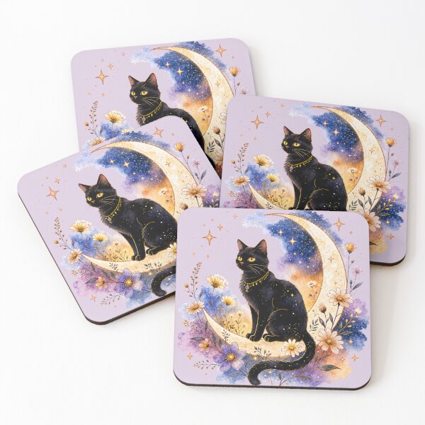 Item preview, Moonlit Black Cat with Wildflowers designed and sold by MaryFiremoonArt.