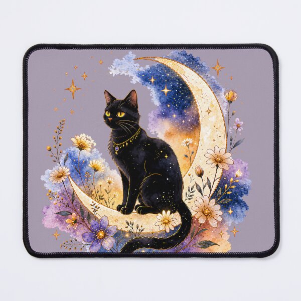 Item preview, Moonlit Black Cat with Wildflowers designed and sold by MaryFiremoonArt.