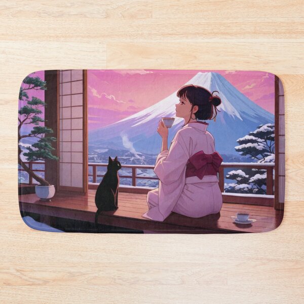 Item preview, Anime Girl and Black Cat Mount Fuji Winter View designed and sold by BLUESKY11a.
