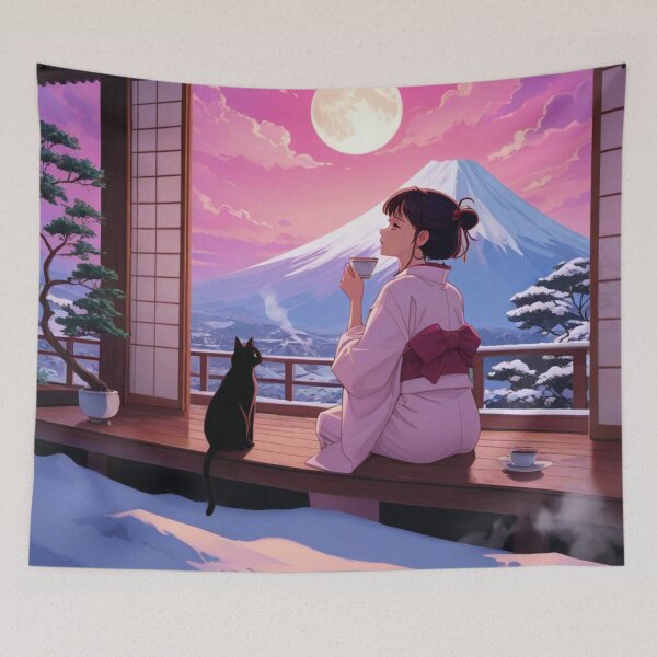 Item preview, Anime Girl and Black Cat Mount Fuji Winter View designed and sold by BLUESKY11a.
