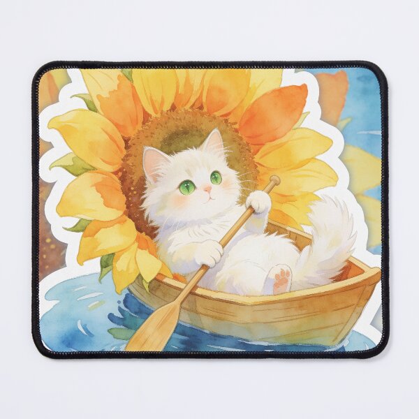 Item preview, White Cat Rowing a Sunflower Boat Pillow designed and sold by OksArtStudio.