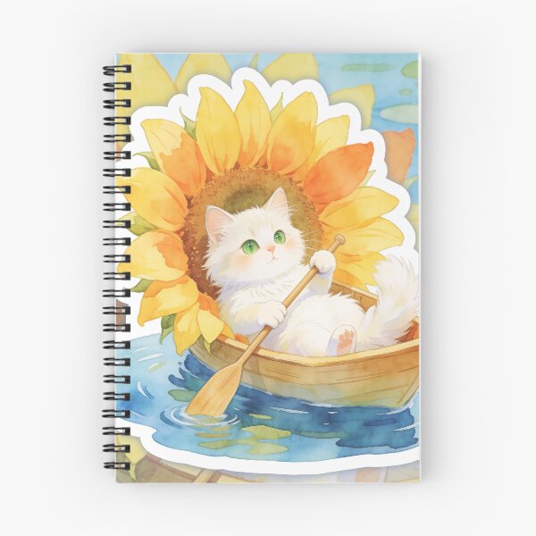 Item preview, White Cat Rowing a Sunflower Boat Pillow designed and sold by OksArtStudio.