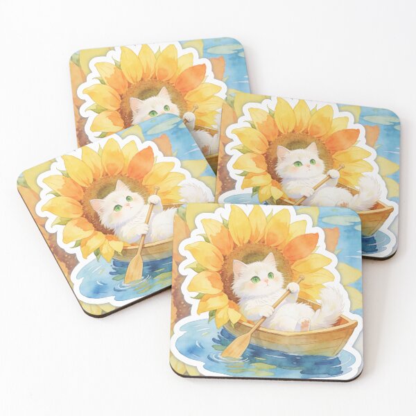 Item preview, White Cat Rowing a Sunflower Boat Pillow designed and sold by OksArtStudio.