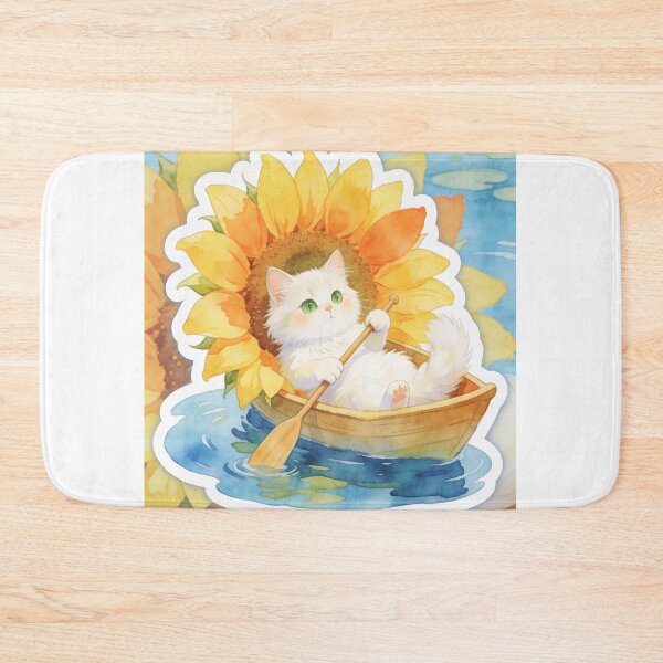 Item preview, White Cat Rowing a Sunflower Boat Pillow designed and sold by OksArtStudio.