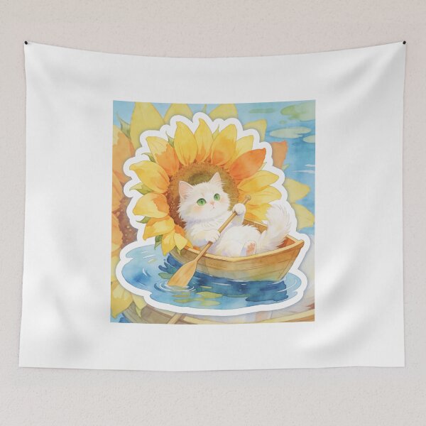 Item preview, White Cat Rowing a Sunflower Boat Pillow designed and sold by OksArtStudio.