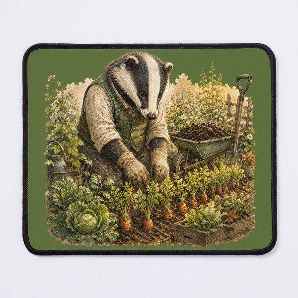 Item preview, Gardening Badger Watercolor Illustration – Cozy Woodland Vegetable Garden Animal Art designed and sold by MagicMakerPh.
