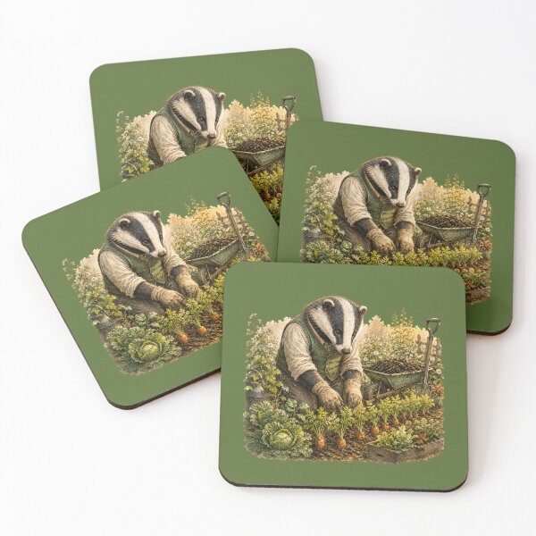 Item preview, Gardening Badger Watercolor Illustration – Cozy Woodland Vegetable Garden Animal Art designed and sold by MagicMakerPh.