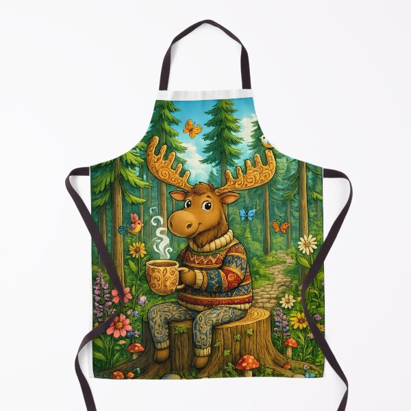 Item preview, Woodland Moose with Coffee | Whimsical Forest Nature Art designed and sold by Clothes With Smiling Animals Walt Gral.