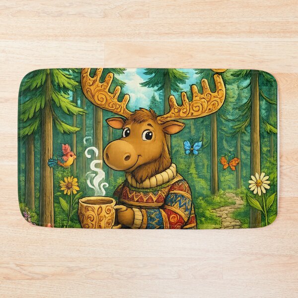 Item preview, Woodland Moose with Coffee | Whimsical Forest Nature Art designed and sold by Clothes With Smiling Animals Walt Gral.