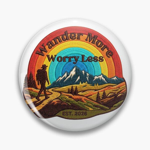 Item preview, Wander More Worry Less Retro Mountain Hiker Badge designed and sold by GabeMountainArt.