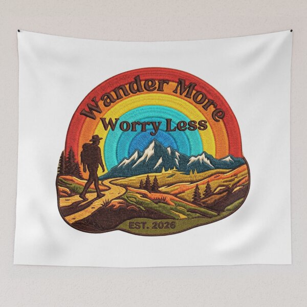 Item preview, Wander More Worry Less Retro Mountain Hiker Badge designed and sold by GabeMountainArt.