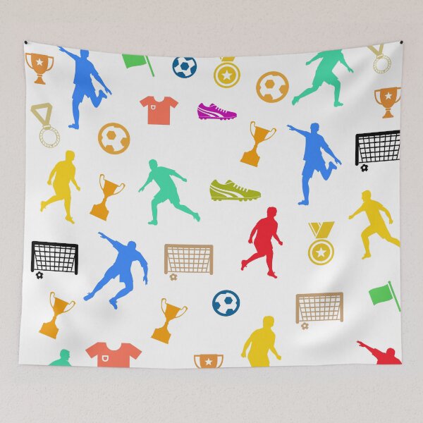 Item preview, Colorful Soccer Icons Pattern | Football Player Silhouettes, Trophy & Ball Seamless Sports Design designed and sold by Faisal  Shah.