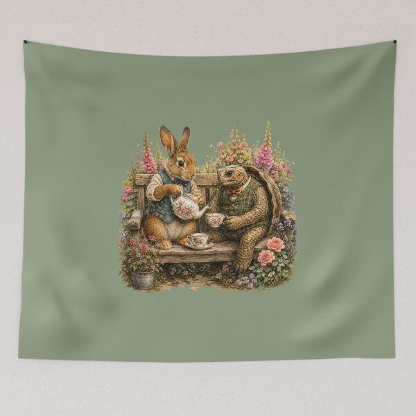 Item preview, Rabbit and Tortoise Tea Party Watercolor – Whimsical Garden Friendship Animal Art designed and sold by MagicMakerPh.