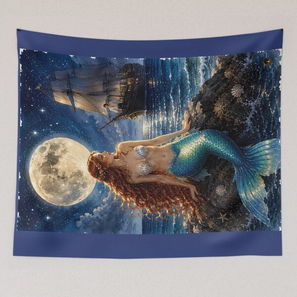 Item preview, Moonlit Mermaid Watching a Sailing Ship | Fantasy Watercolor Art designed and sold by MaryFiremoonArt.