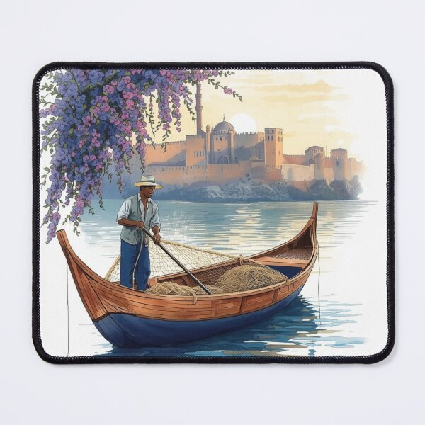Item preview, Traditional Tunisian Fisherman at Dawn with Bougainvillea Boat designed and sold by carthagia.