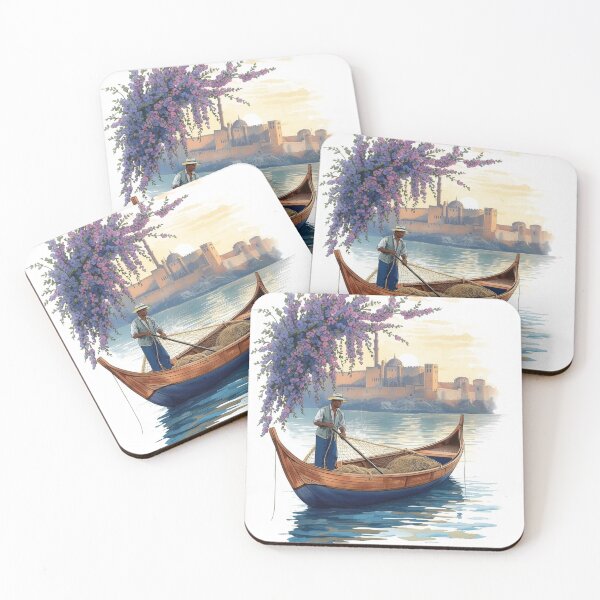 Item preview, Traditional Tunisian Fisherman at Dawn with Bougainvillea Boat designed and sold by carthagia.