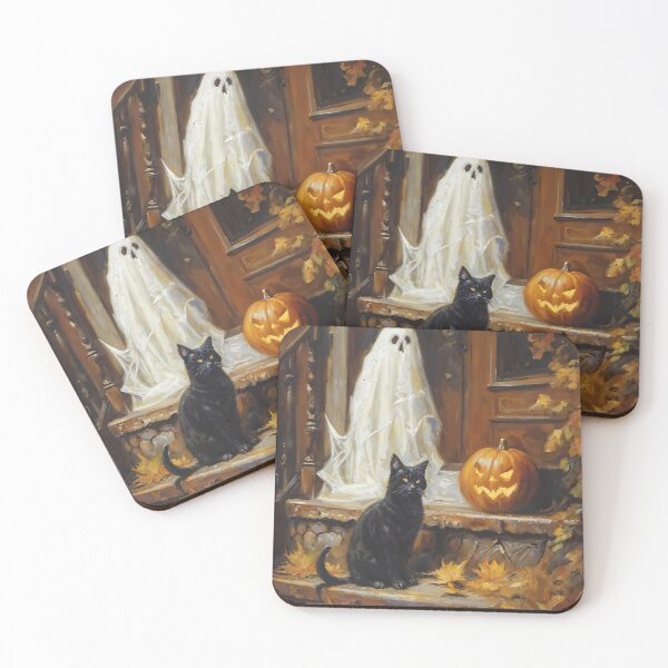 Item preview, Black Cat and Ghost Halloween Pumpkin Autumn Art designed and sold by DarkHolyQueen.