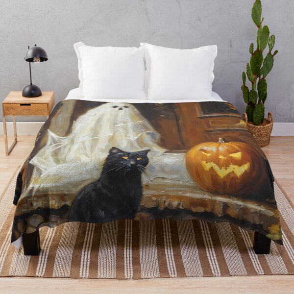 Item preview, Black Cat and Ghost Halloween Pumpkin Autumn Art designed and sold by DarkHolyQueen.