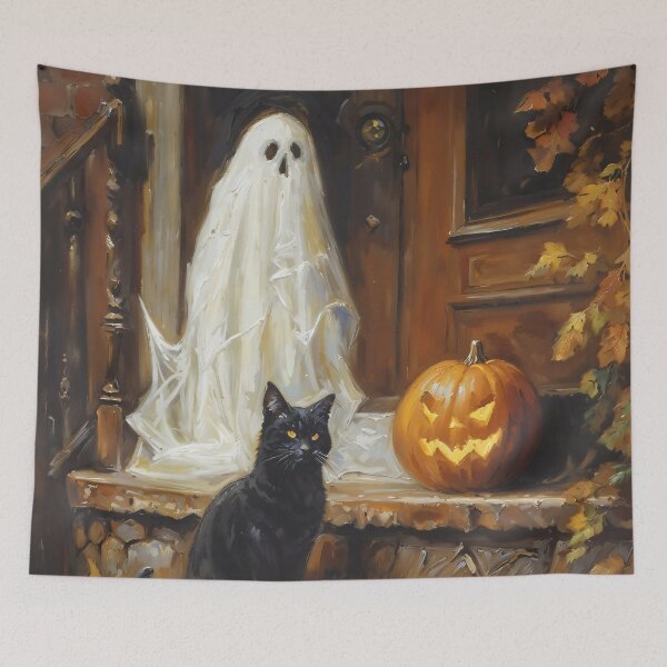 Item preview, Black Cat and Ghost Halloween Pumpkin Autumn Art designed and sold by DarkHolyQueen.