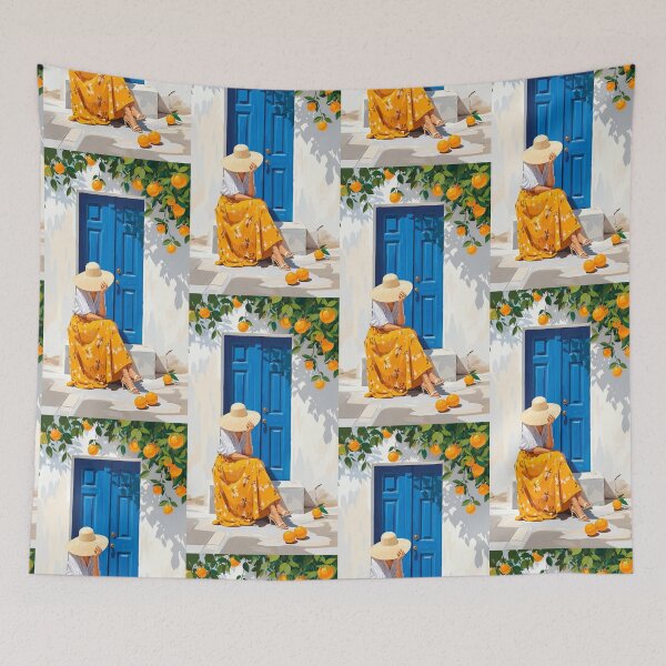 Item preview, Mediterranean Blue Door & Orange Tree | Summer Coastal Wall Art designed and sold by ArtesioByZaber.