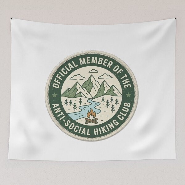Item preview, Retro Anti-Social Hiking Club Vector Badge, Minimalist Mountain & River designed and sold by YourWearPulse.