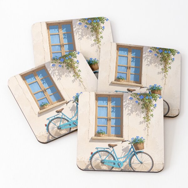 Item preview, Vintage Blue Bicycle & Blooming Window | Mediterranean Floral Wall Art designed and sold by ArtesioByZaber.
