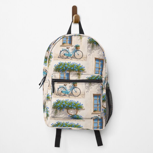 Item preview, Vintage Blue Bicycle & Blooming Window | Mediterranean Floral Wall Art designed and sold by ArtesioByZaber.