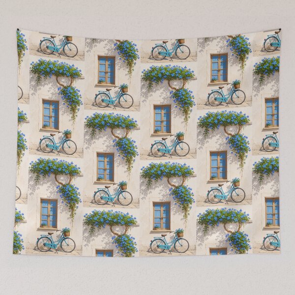 Item preview, Vintage Blue Bicycle & Blooming Window | Mediterranean Floral Wall Art designed and sold by ArtesioByZaber.