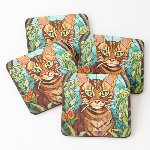 Item preview, Stained Glass Bengal Cat Portrait with Tropical Foliage designed and sold by pinkal.