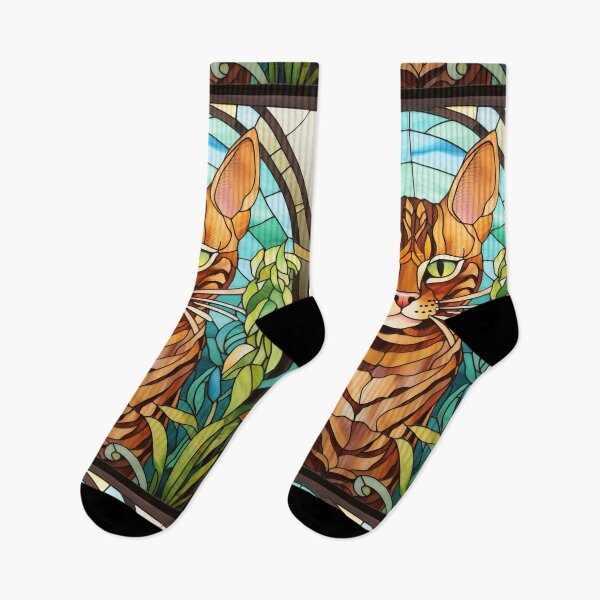 Item preview, Stained Glass Bengal Cat Portrait with Tropical Foliage designed and sold by pinkal.