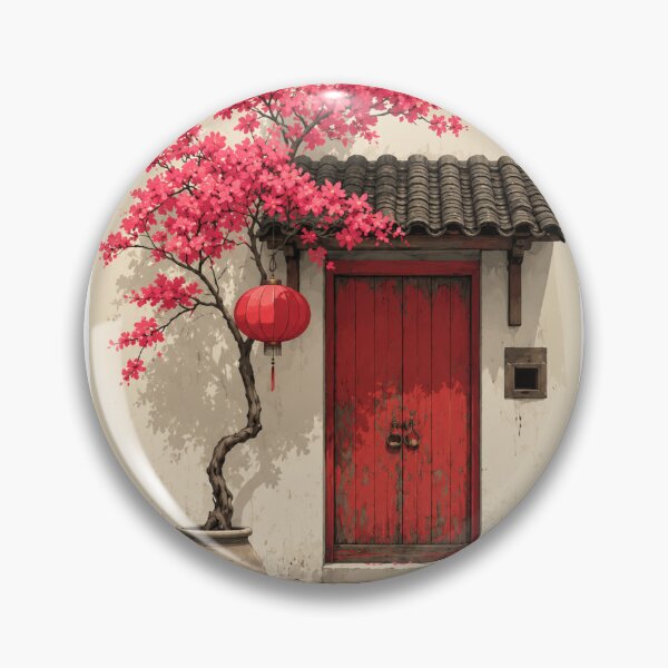 Item preview, Blossom Tree & Red Door | Traditional Asian Courtyard Wall Art designed and sold by ArtesioByZaber.