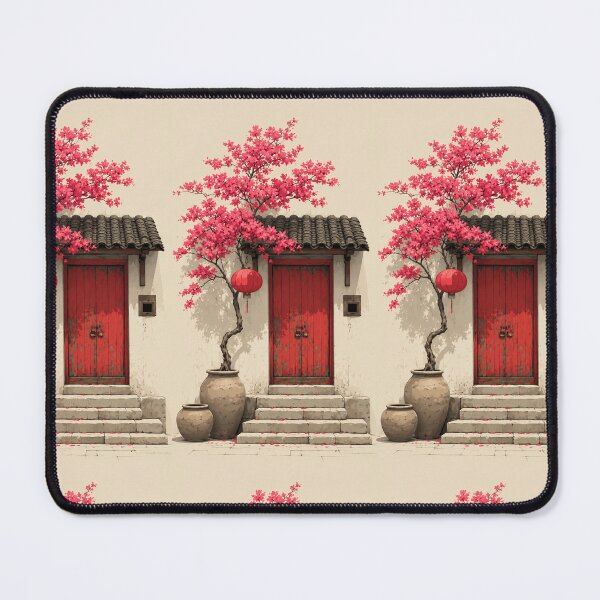 Item preview, Blossom Tree & Red Door | Traditional Asian Courtyard Wall Art designed and sold by ArtesioByZaber.