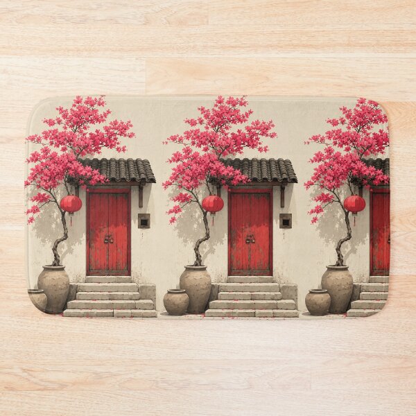 Item preview, Blossom Tree & Red Door | Traditional Asian Courtyard Wall Art designed and sold by ArtesioByZaber.
