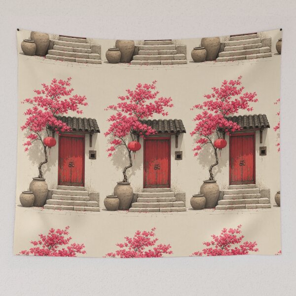 Item preview, Blossom Tree & Red Door | Traditional Asian Courtyard Wall Art designed and sold by ArtesioByZaber.