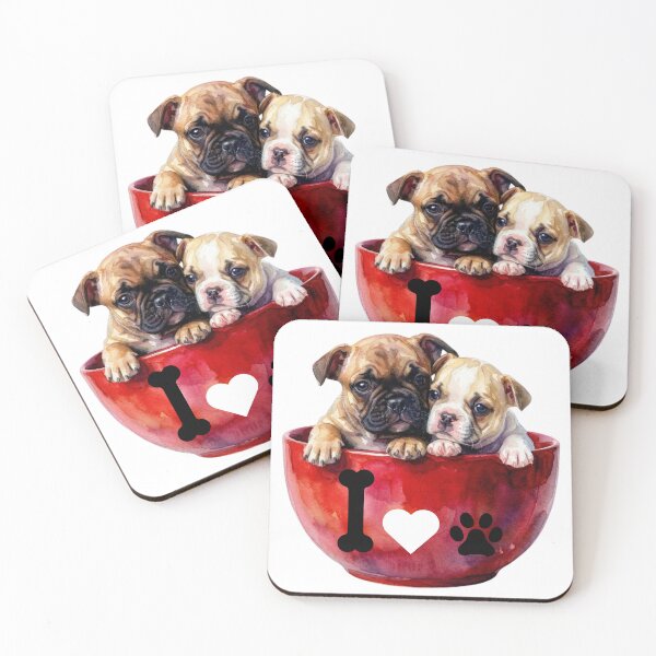 Item preview, Two Cute French Bulldog Puppies in a Red Bowl Watercolor Art with a Love Design designed and sold by VibranPalette.