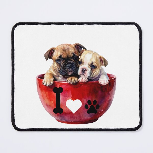 Item preview, Two Cute French Bulldog Puppies in a Red Bowl Watercolor Art with a Love Design designed and sold by VibranPalette.