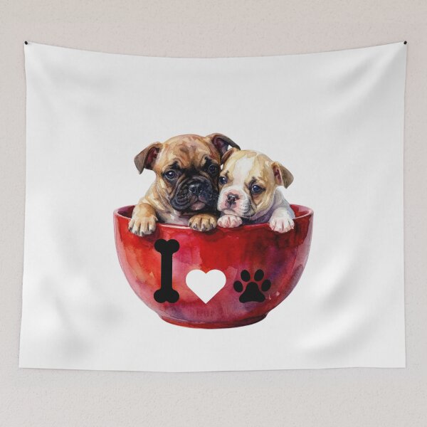 Item preview, Two Cute French Bulldog Puppies in a Red Bowl Watercolor Art with a Love Design designed and sold by VibranPalette.